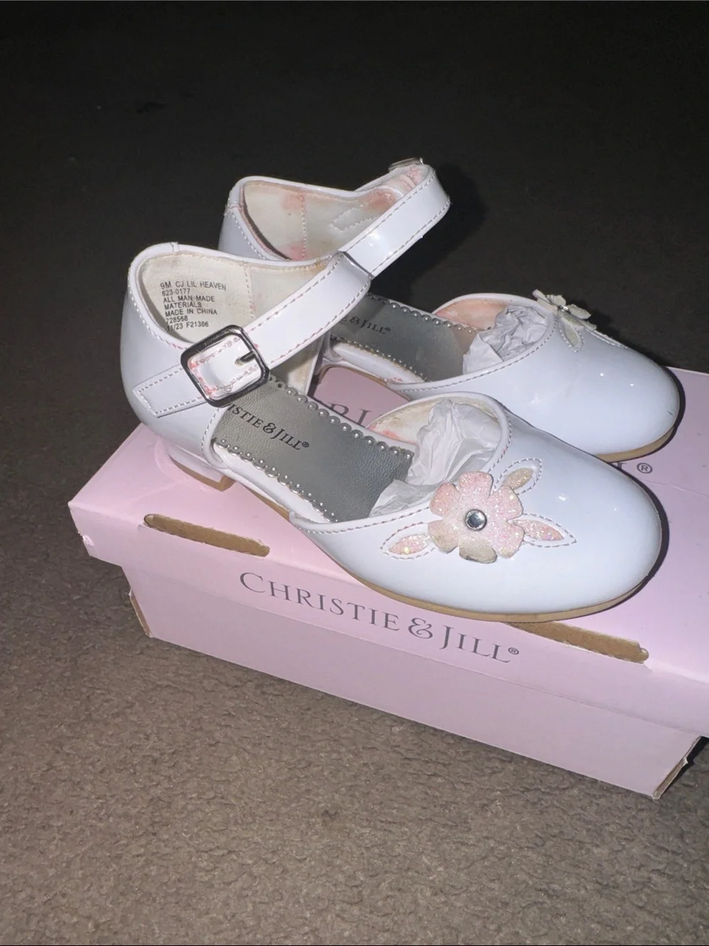 Girls' White Mary Jane Dress Shoes with Pink Floral Accent
